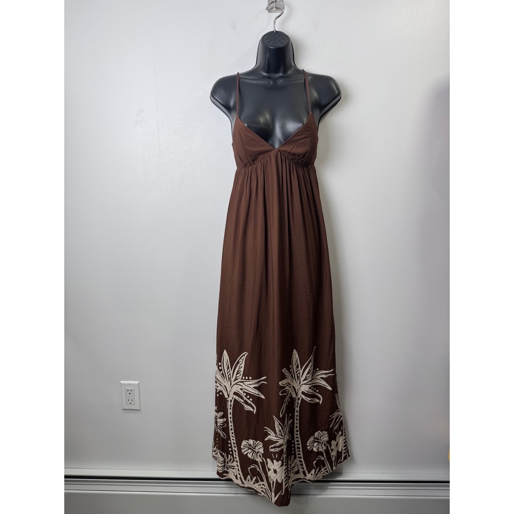 NWT Abercrombie & Fitch Women Brown Maxi Dress Tropical Palm Print Cutout XXS
